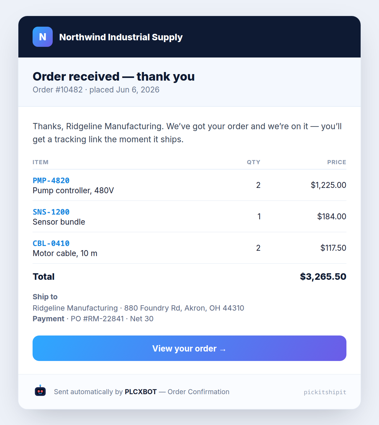 Order confirmation email with line items, total, and shipping address