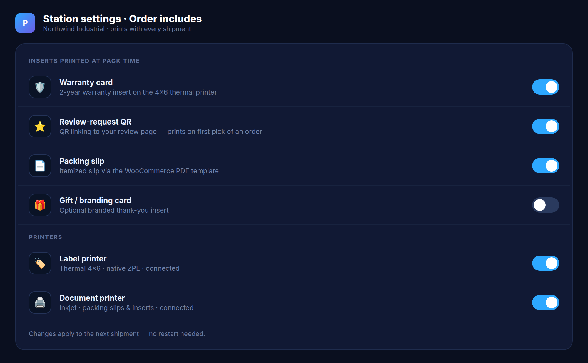 Station settings: toggles for warranty card, review QR, packing slip, and printers
